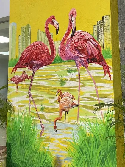 A beautiful pillar mural of flamingos for the ONGC office, bringing a touch of nature and local wildlife into the corporate green space.