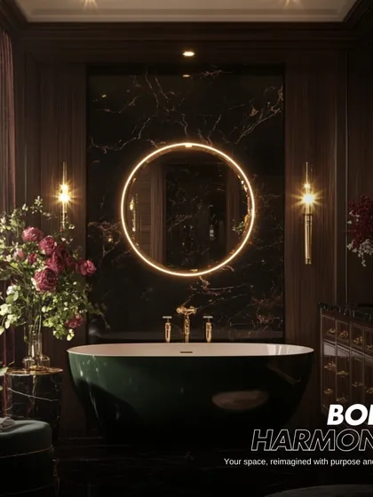 This bathroom design is all about bold harmony. The dark green tub, circular backlit mirror, and moody floral wallpaper come together with purpose and passion to create a truly unique and luxurious sanctuary.