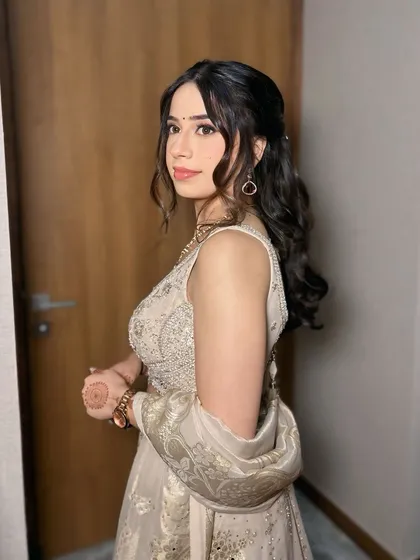 Another angle of this fresh morning engagement look, showing off the beautiful hair and the delicate makeup.