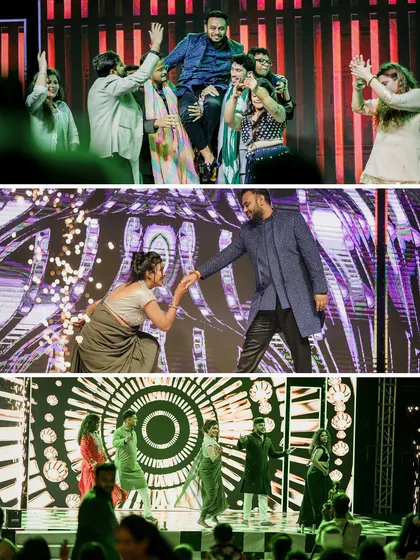 The joy of group performances, with friends and family taking over the stage to celebrate the couple.