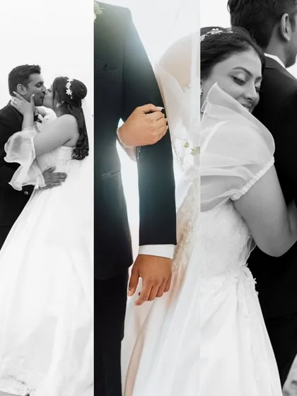 An artistic collage of Jithin and Jennifer. The blend of black and white with a sliver of light creates a modern, graphic feel while highlighting their affectionate moments.