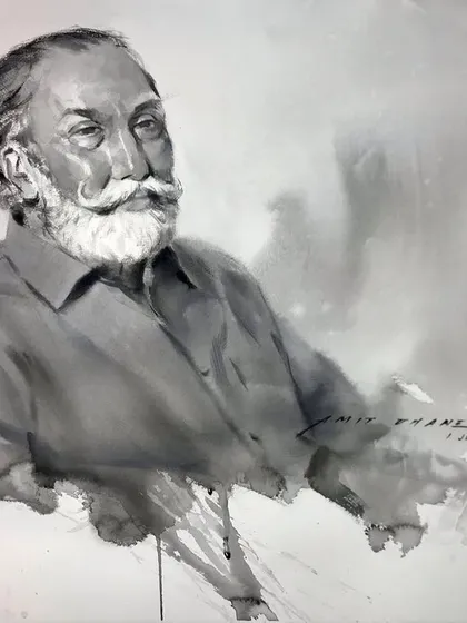 The finished black and white watercolour portrait of Umakant Kanade sir. Working with a single colour allows for a deep focus on tone and form.