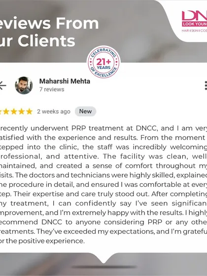 This review highlights a patient's great experience with PRP treatment at my clinic. He emphasizes the professional and attentive staff, the clean facility, and the significant improvement he has seen in his hair.