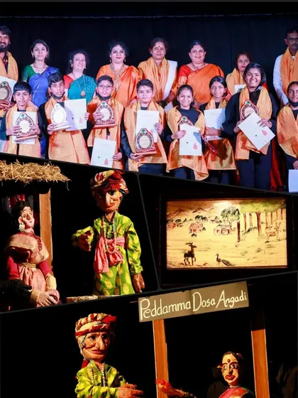 A collage from our festival, featuring a performance of 'Peddamma Dosa Angadi' and the young artists who participated. We are passionate about nurturing the next generation of puppeteers.