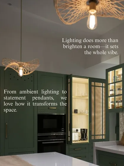 Lighting does more than just brighten a room; it sets the whole vibe. From the soft glow of ambient lighting within cabinets to a statement pendant lamp, layering light is key to transforming a space.
