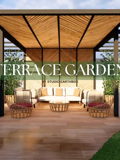 This 3D render presents a terrace garden concept with a beautiful bamboo-roofed pergola and comfortable wicker furniture. It’s a key step in our process to align with the client on the desired style and feel.