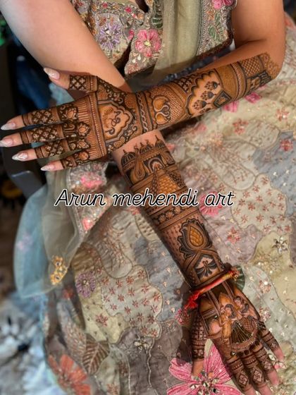 A beautiful design combining a bride portrait on the palm with intricate floral and geometric patterns on the arm.