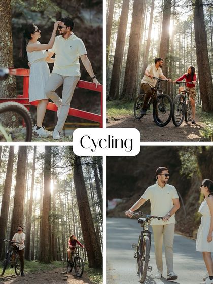 A collage showcasing a fun and active pre-wedding shoot theme: cycling through a beautiful, sun-dappled forest.