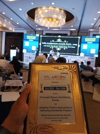 A close-up of our plaque from the India Architecture Awards (IAA) 2023. This award from the Eldrok India Architecture Summit is a testament to our team's hard work and creative vision.