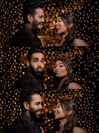 A playful and goofy collage of the couple against a backdrop of fairy lights. These candid moments are what make the memories so special.
