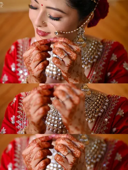 A collage capturing the fine details of the bride getting ready, from adjusting her nath to the final look.