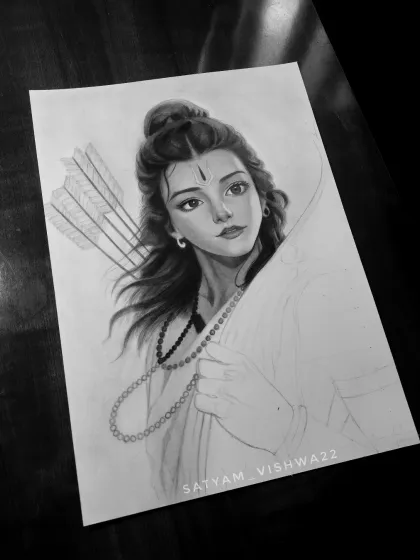 An in-progress shot of the Lord Ram sketch. Here, his face and hair are complete, showcasing the intended expression, while the rest of the drawing awaits its details.