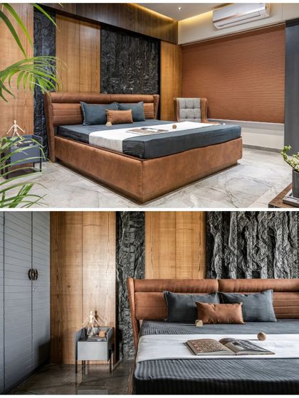 This split image provides a comprehensive look at the master bedroom. The top view shows the full effect of the stone and wood feature wall, while the bottom view highlights the custom side table and wardrobe, showcasing the attention to detail in the furniture design.