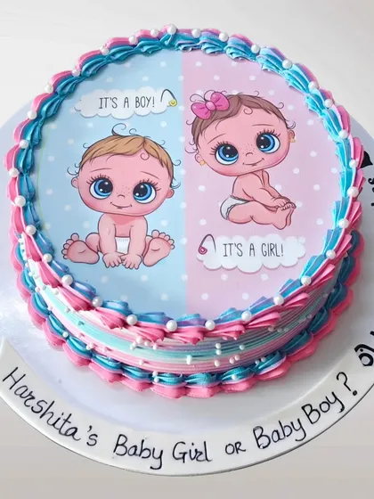 A classic gender reveal cake with an edible print of cute baby illustrations. The piped border in pink and blue keeps the mystery alive until the cake is cut.