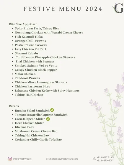 The non-vegetarian appetizer and bread section of our 2024 Festive Menu. This menu highlights our delicious offerings like Pesto Prawns, Shami Kebabs, and various sliders.