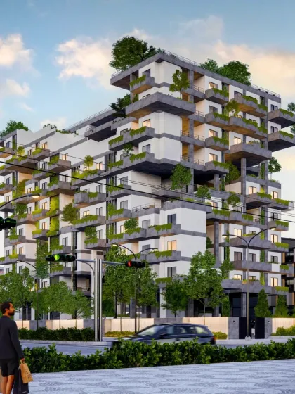 A street-level view of the Urban Nest concept. The design integrates extensive greenery into the building's facade, creating a responsive and dynamic piece of architecture that contributes positively to the urban environment.