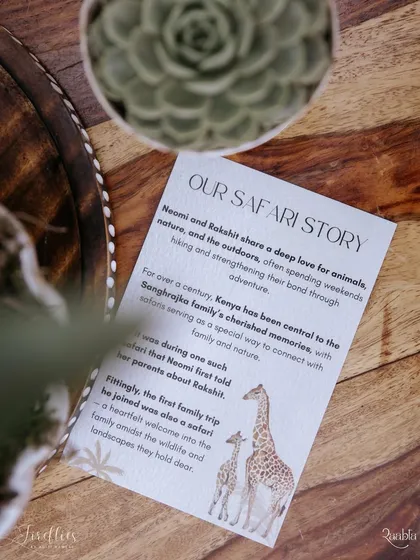 "Our Safari Story." We created these cards to share the couple's personal story with their guests, explaining why the safari theme was so meaningful to them. It's these narrative details that make a wedding unique.