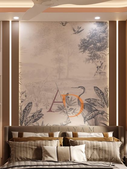 A direct view of the bed and the serene, artistic wallpaper behind it, framed by vertical lighting strips for a modern touch.