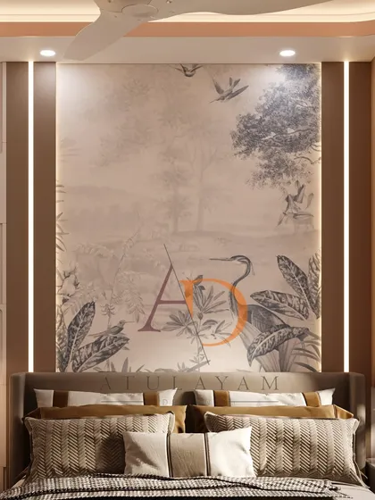 A direct shot of the headboard and botanical accent wall, framed by vertical lights that draw attention to this beautiful focal point.