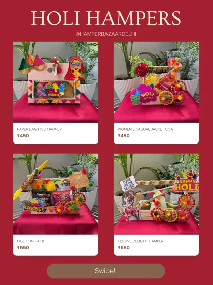 A collage showcasing our range of budget friendly Holi hampers, starting at just ₹450. You can choose from paper bags, wooden carts, and more, all packed with festive treats.