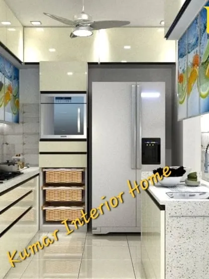 This angle shows the integrated oven and refrigerator unit, demonstrating our ability to create a seamless and organized kitchen layout.