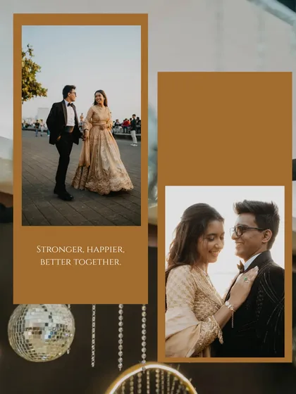 A stylish collage from a Marine Drive photoshoot. It combines a full-length shot of the couple walking with an intimate close-up, telling a story of being stronger together.