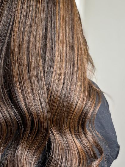 A close-up on the caramel tones and smooth texture of the hair.