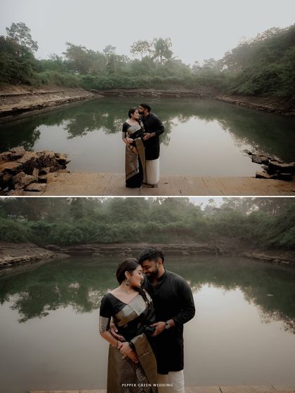 A collage capturing the serene romance of Ushas and Brian by a temple pond. The tranquil water and misty background create a truly divine atmosphere for a pre-wedding film.