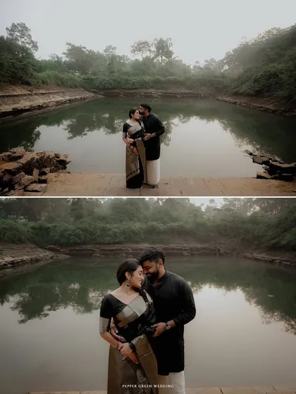 A breathtaking wide shot of the couple standing by a misty temple pond, emphasizing the serene and epic nature of their love story.