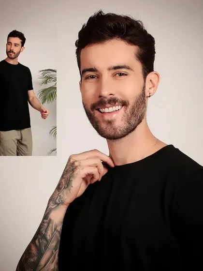 A strong portfolio for male models includes both headshots and full-length commercial shots. Here, I've captured a clean, approachable look perfect for e-commerce catalogues, highlighting both a relaxed pose and a direct, engaging portrait.