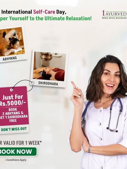 We periodically offer special packages to encourage self-care. This promotional graphic highlights our offer combining Abhyang massages with a complimentary Shirodhara session for ultimate relaxation.