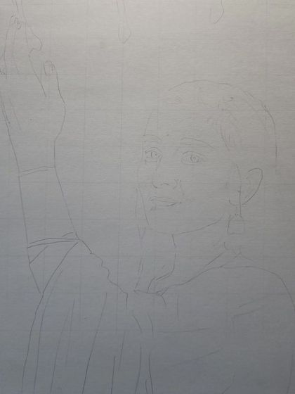 The very first step of any portrait: a light, clean grid and outline to ensure the proportions are accurate.