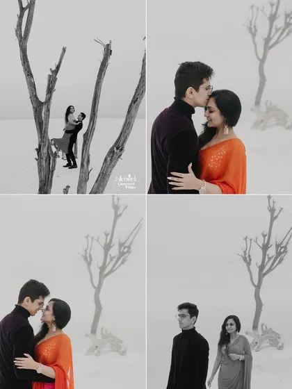 A collection of intimate moments from the white quarry shoot in Udaipur. This quad of images, mixing color and black and white, focuses on gentle gestures like a forehead kiss and loving glances.