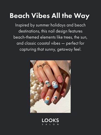 Getaway on your fingertips. This beach-themed nail art features tiny, hand-painted palm trees, suns, and waves, perfect for capturing those summer holiday vibes.