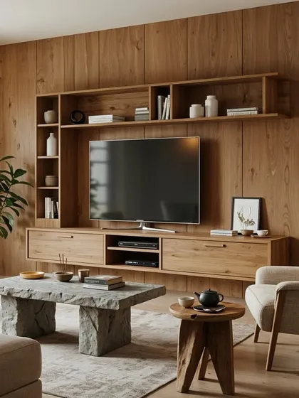 A living room concept where a full wall of wood paneling creates a warm and cozy atmosphere. The stone coffee table adds a rustic, organic touch.