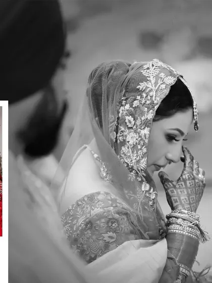A beautiful collage capturing the emotional moments of a Sikh bride during her wedding ceremony.