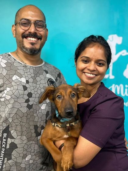 Another one of our rescued "box puppies," now named Rasgulla, with his wonderful new family. It brings me so much joy to see them settled and cherished.