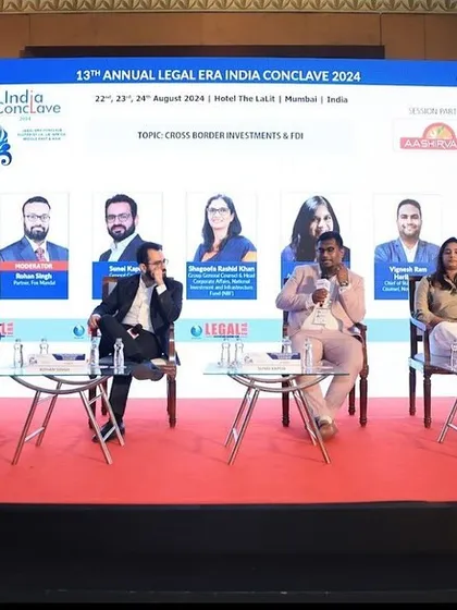 A wide view of the stage during the panel on Cross Border Investments & FDI at the Legal Era India Conclave. Our Partner, Rohan Singh, guided the discussion among distinguished legal counsels.