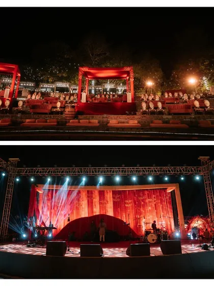 A collage showing the stunning red-themed decor for a reception, including the stage, seating arrangements, and entrance.