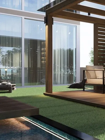 This design visualization for the Khar terrace shows the view from the pool back towards the house. Renders like this are crucial for understanding the spatial relationships and overall aesthetic.