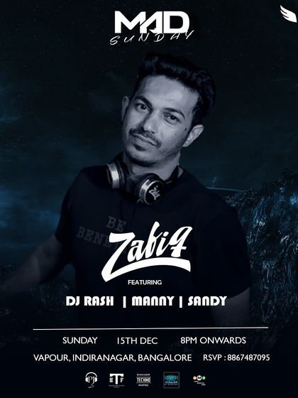 A cool, blue themed poster for a "Mad Sunday" at Vapour, reflecting a more chill, techno-focused vibe for that night.