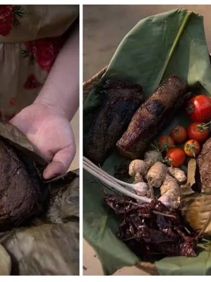 Here is Axone being prepared the traditional way, wrapped in banana leaves. This fermentation process is what gives it its unique and powerful flavour.