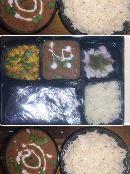 A collage showing our dal makhni and paneer bhurji thali, along with individual bowls of dal makhni and rice.