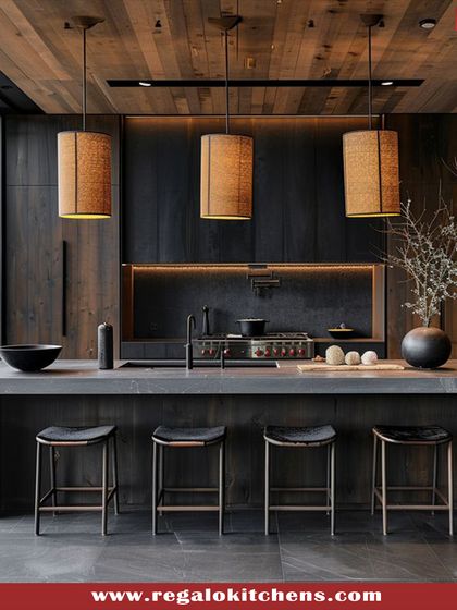 This design brings a rustic, organic feel to a modern island kitchen. The dark wood ceiling and cabinetry are paired with a stone-finished island and natural-fiber pendant lights, creating a warm and inviting atmosphere that feels connected to nature.