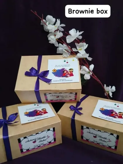 My classic brownie boxes get a festive makeover for Raksha Bandhan. These simple yet elegant boxes are tied with a ribbon and come with a 'Happy Raksha Bandhan' card, ready for gifting.