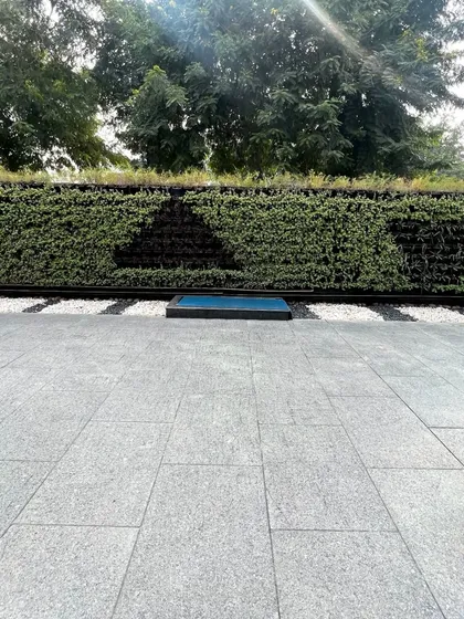 A frontal view of the patterned outdoor vertical garden, showcasing the clean lines and healthy, dense foliage. This installation is built to withstand outdoor conditions while maintaining its sophisticated aesthetic.