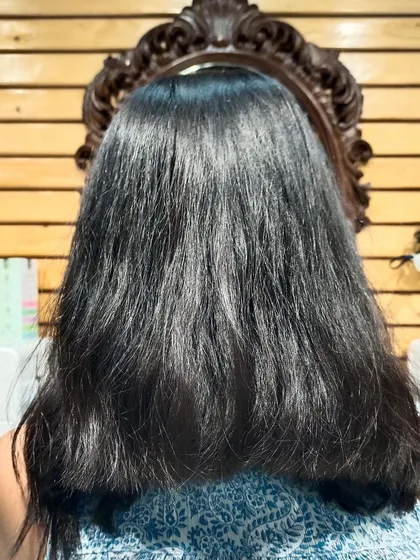 A back view of the client's hair before we added the caramel highlights.
