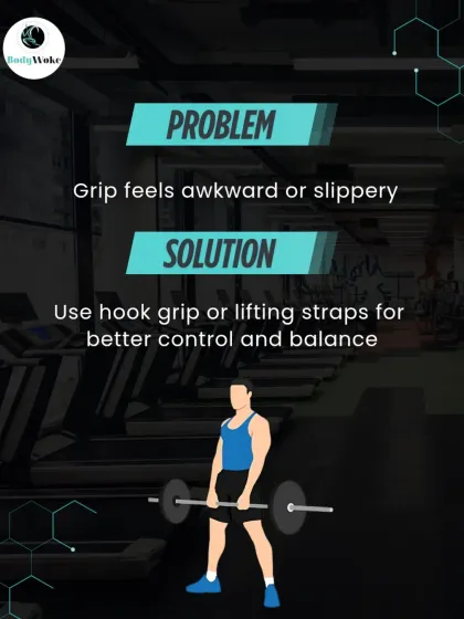 Problem: Grip feels awkward or slippery. Solution: Use a hook grip or lifting straps for better control and balance during the lift.