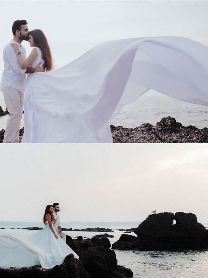 The wind catching the bride's long white train on a rocky Goan shore. I use movement like this to add a dynamic and breathtaking element to my photos, making them feel alive and cinematic.