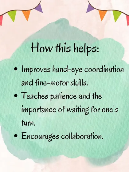 These images explain the materials, instructions, and benefits of the straw and cotton ball game, a perfect mix of fine and gross motor activity.